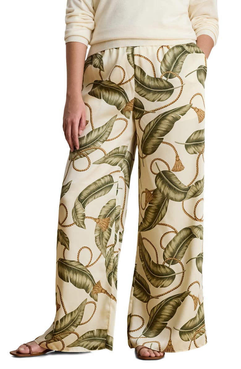 Lauren Ralph Lauren Palm Leaf & Rope Print Luxe Twill Drawstring Pants, Alternate, color, Cream/ Multi