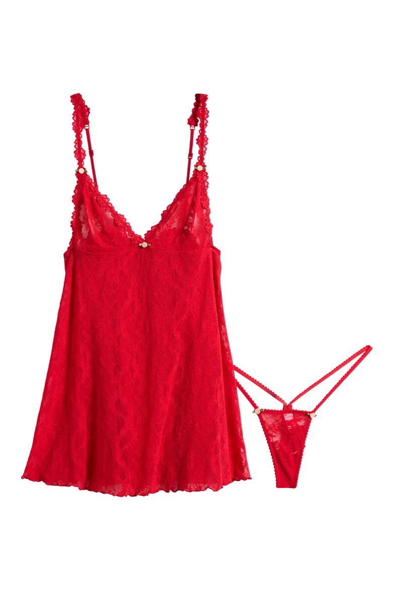 Stretch Lace Chemise & G-String Set, Alternate, color, RED