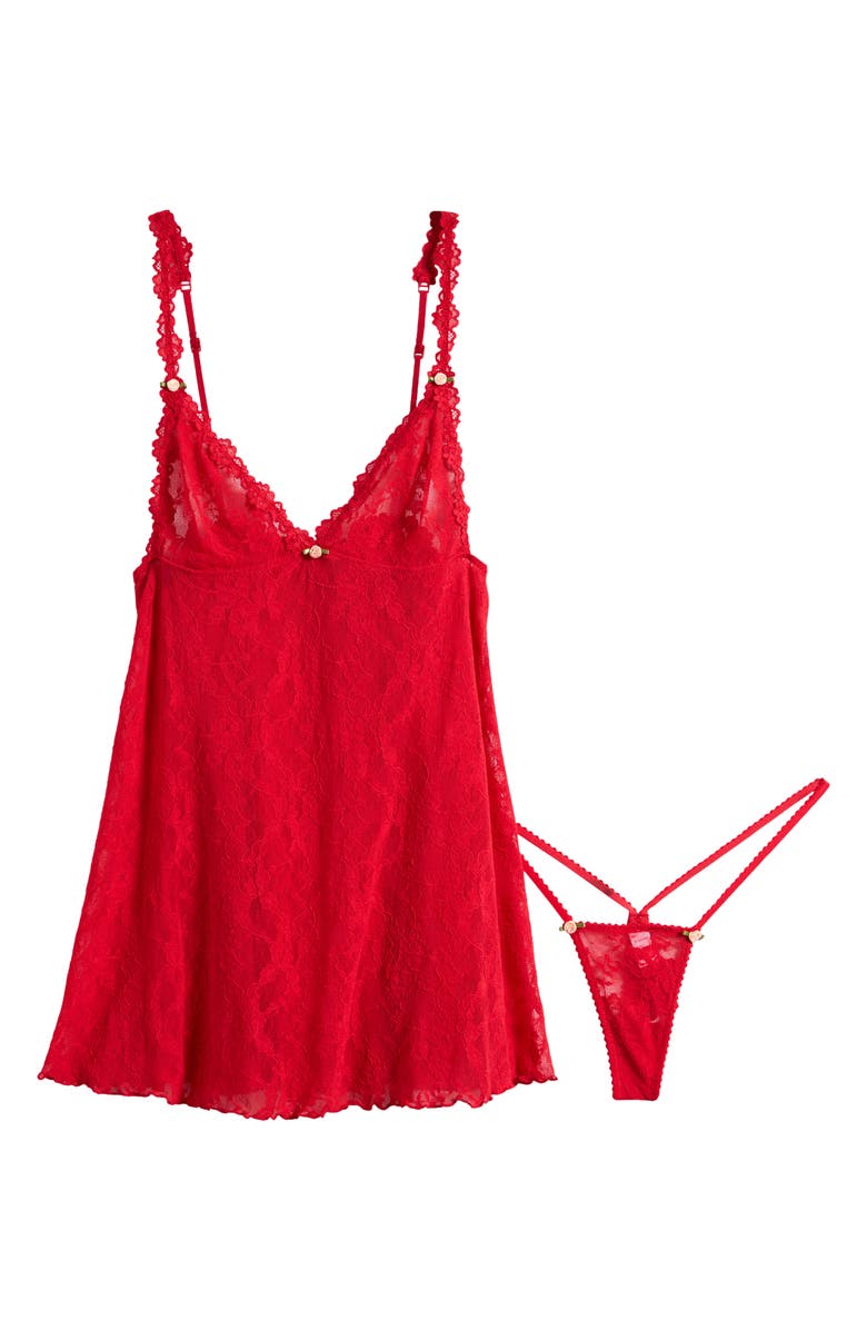 SKIMS Stretch Lace Chemise & G-String Set, Alternate, color, Red