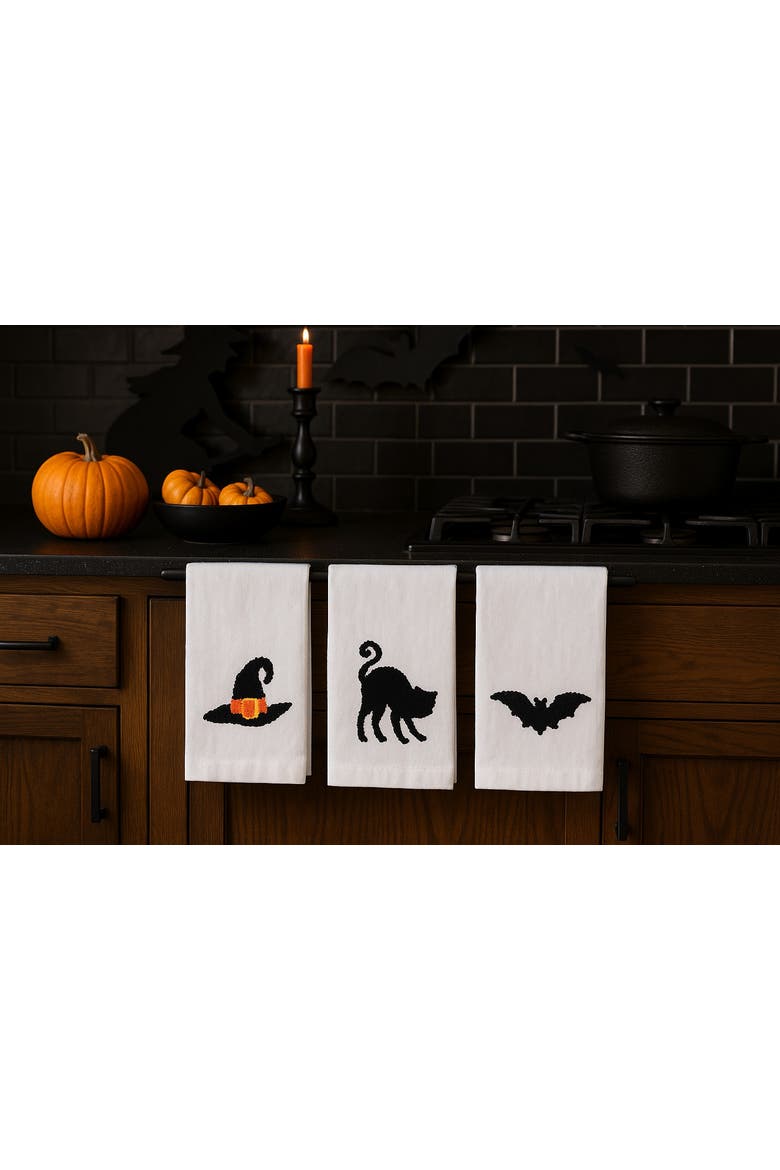 Halloween Black Cat French Knot 100% Cotton Flour Sack Dishtowel, Alternate, color, Black
