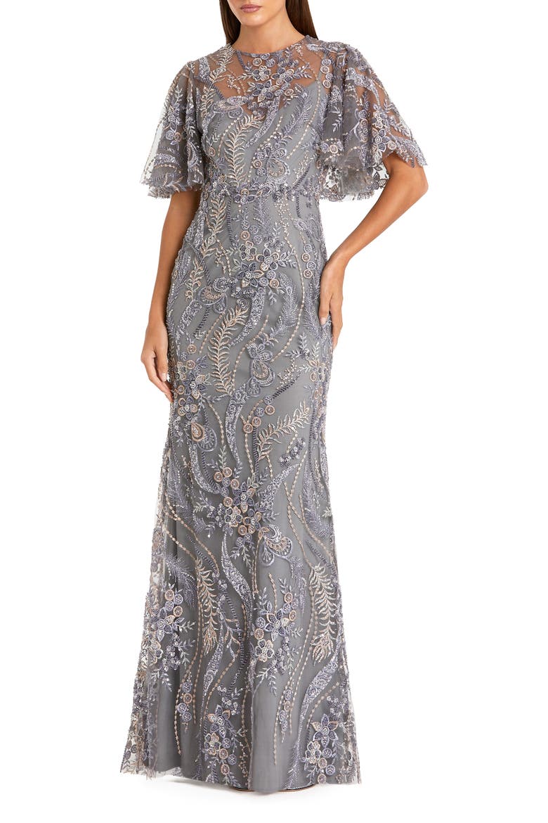 High Neck Flutter Sleeve Floral Embroidered Gown, Main, color, Charcoal