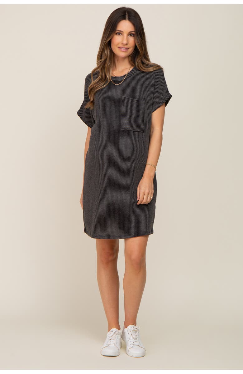 PinkBlush Ribbed Front Pocket Dolman Short Sleeve Dress, Main, color, Charcoal Grey