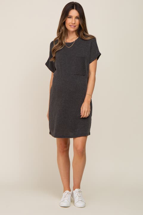 Ribbed Front Pocket Dolman Short Sleeve Dress