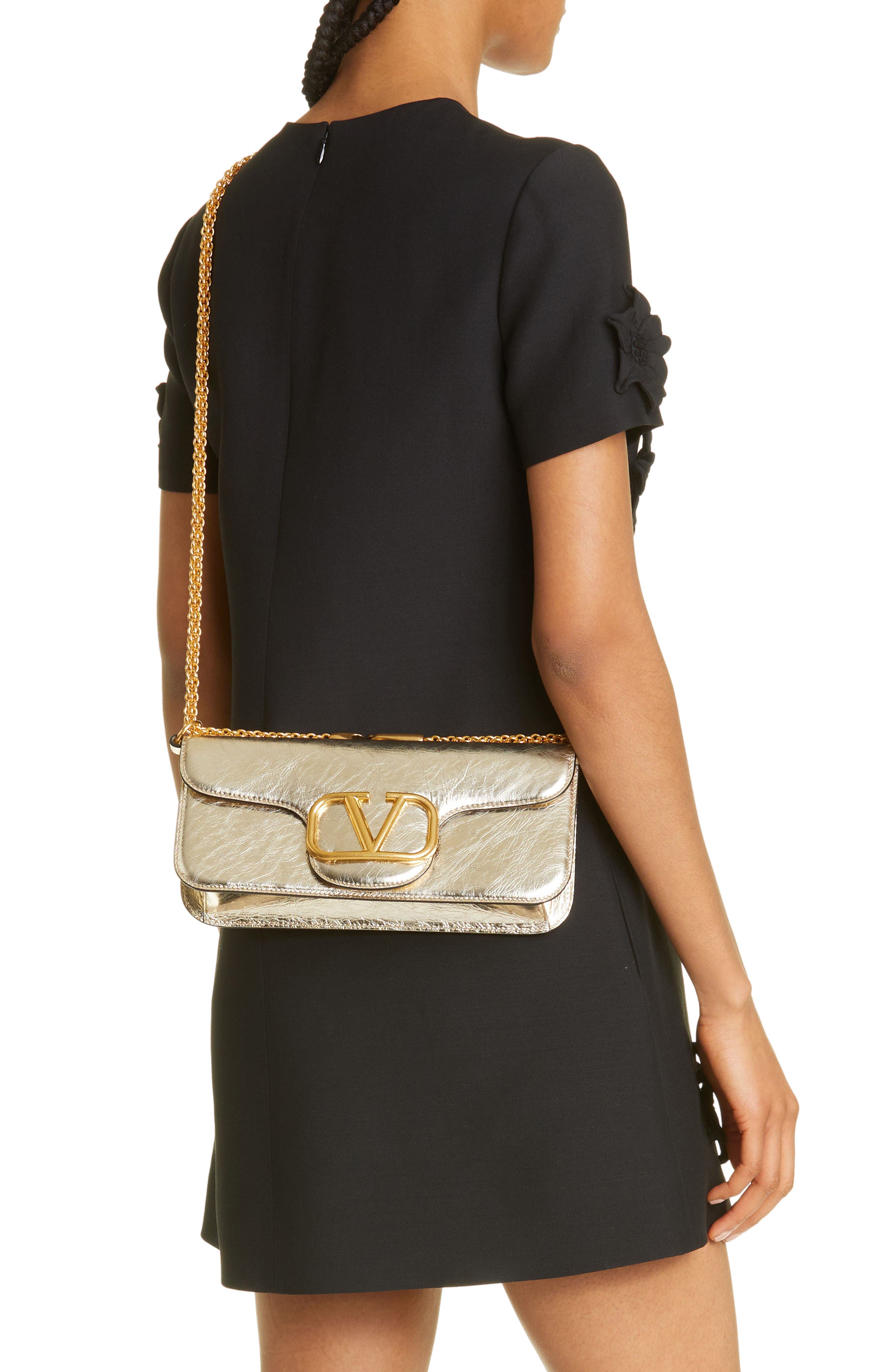 Valentino Garavani VLOGO Signature Crinkle Metallic Leather Shoulder Bag, Alternate, color, 