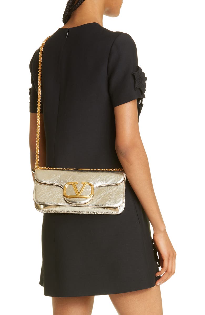 Valentino Garavani VLOGO Signature Crinkle Metallic Leather Shoulder Bag, Alternate, color,