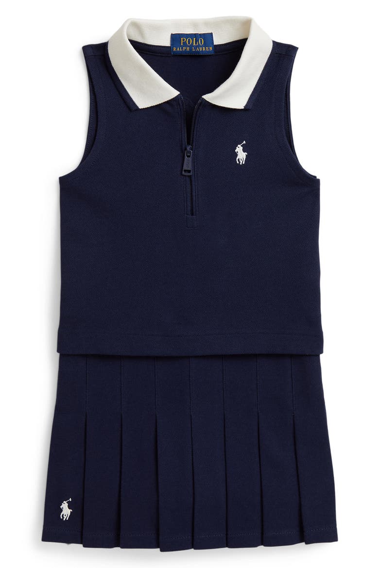Kids' Zip Neck Mesh Top & Pleated Skirt Set, Main, color, REFINED NAVY