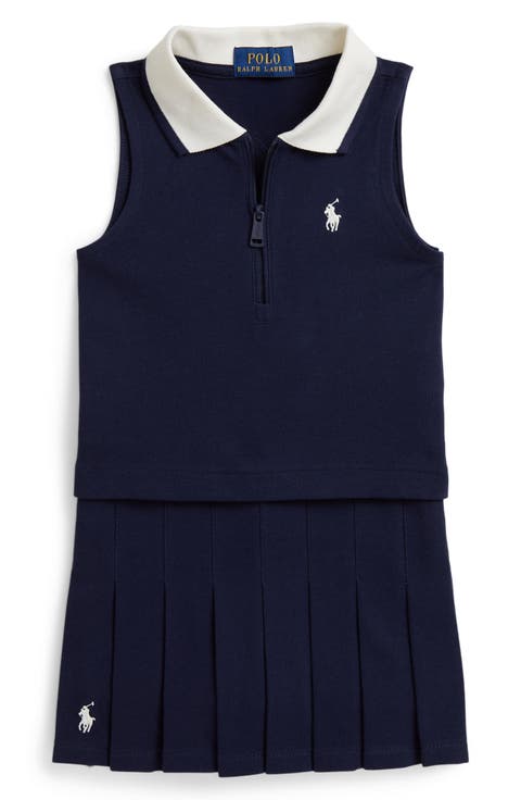 Kids' Zip Neck Mesh Top & Pleated Skirt Set