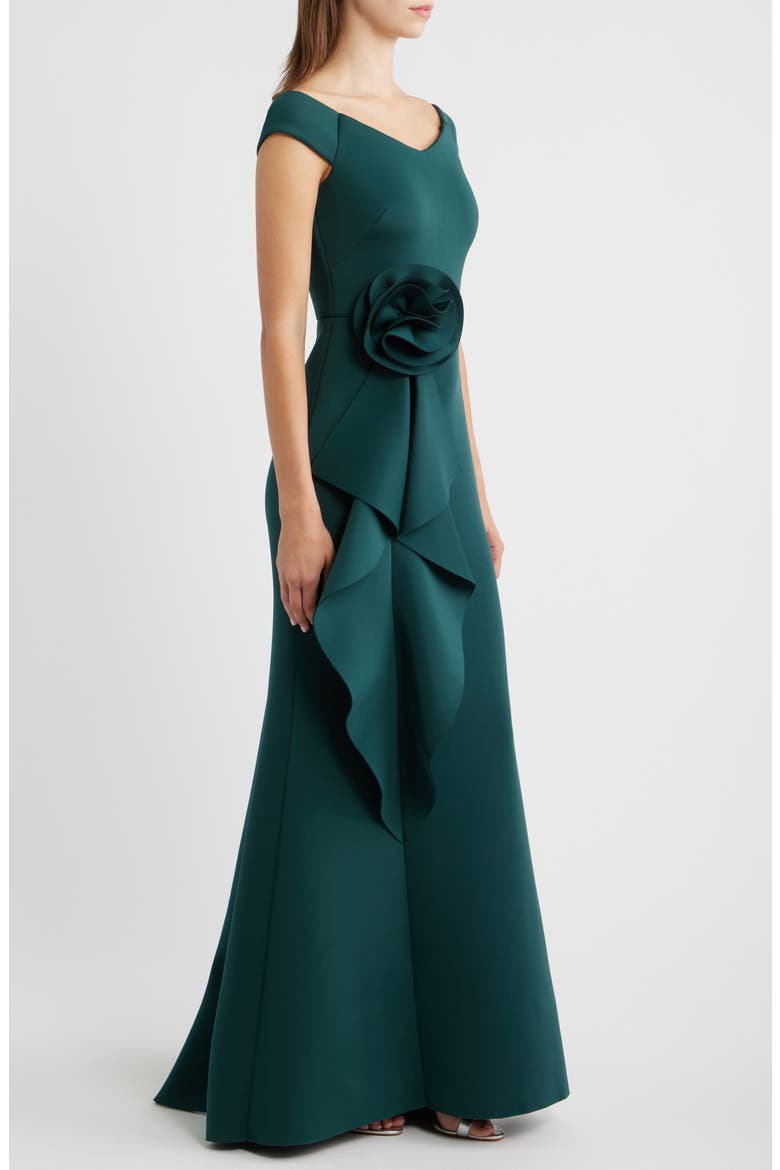3D Rosette Detail Scuba Crepe Trumpet Gown, Alternate, color, HUNTER