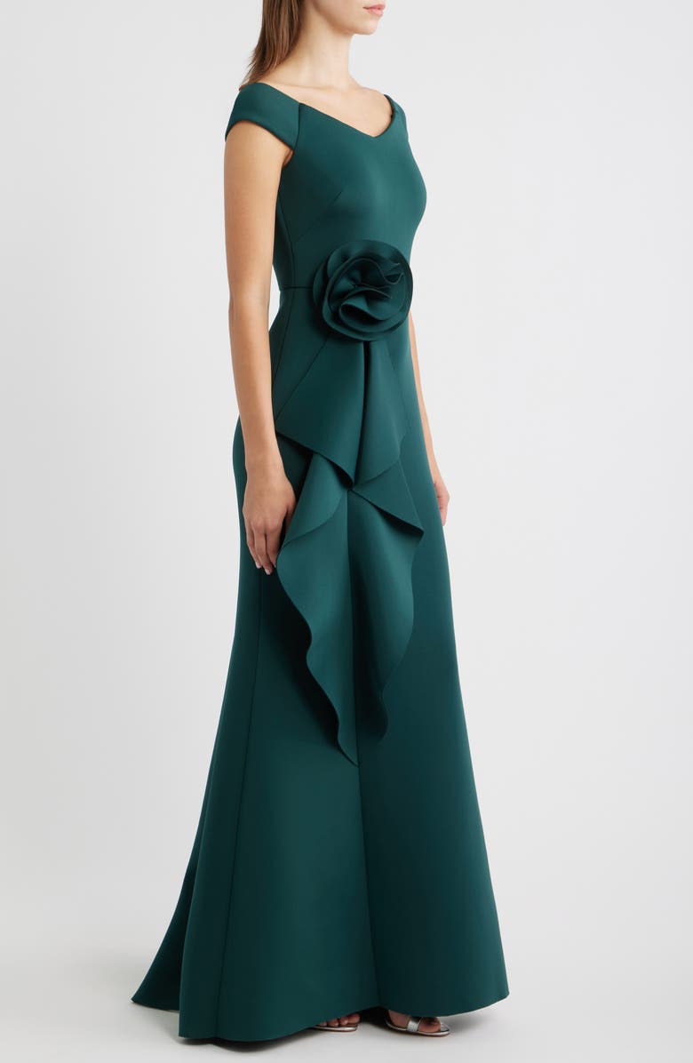 Eliza J 3D Rosette Detail Scuba Crepe Trumpet Gown, Alternate, color, Hunter