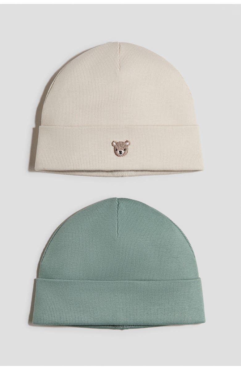 H&M 2-pack Cotton Beanies, Main, color, Dusty Green/Bear