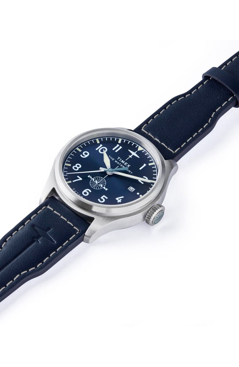 Timex<sup>®</sup> x Pan Am<sup>®</sup> Waterbury Ace Automatic Leather Strap Watch, 41mm, Alternate, color, Blue