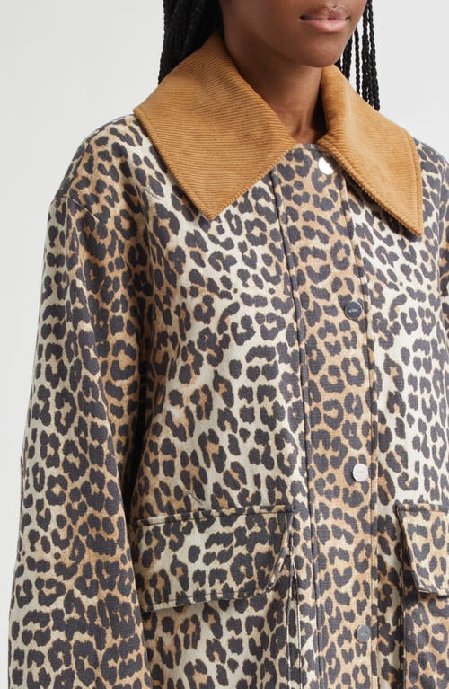Ganni Long Sleeve Animal Print Jacket With Wide Collar In Almond Milk