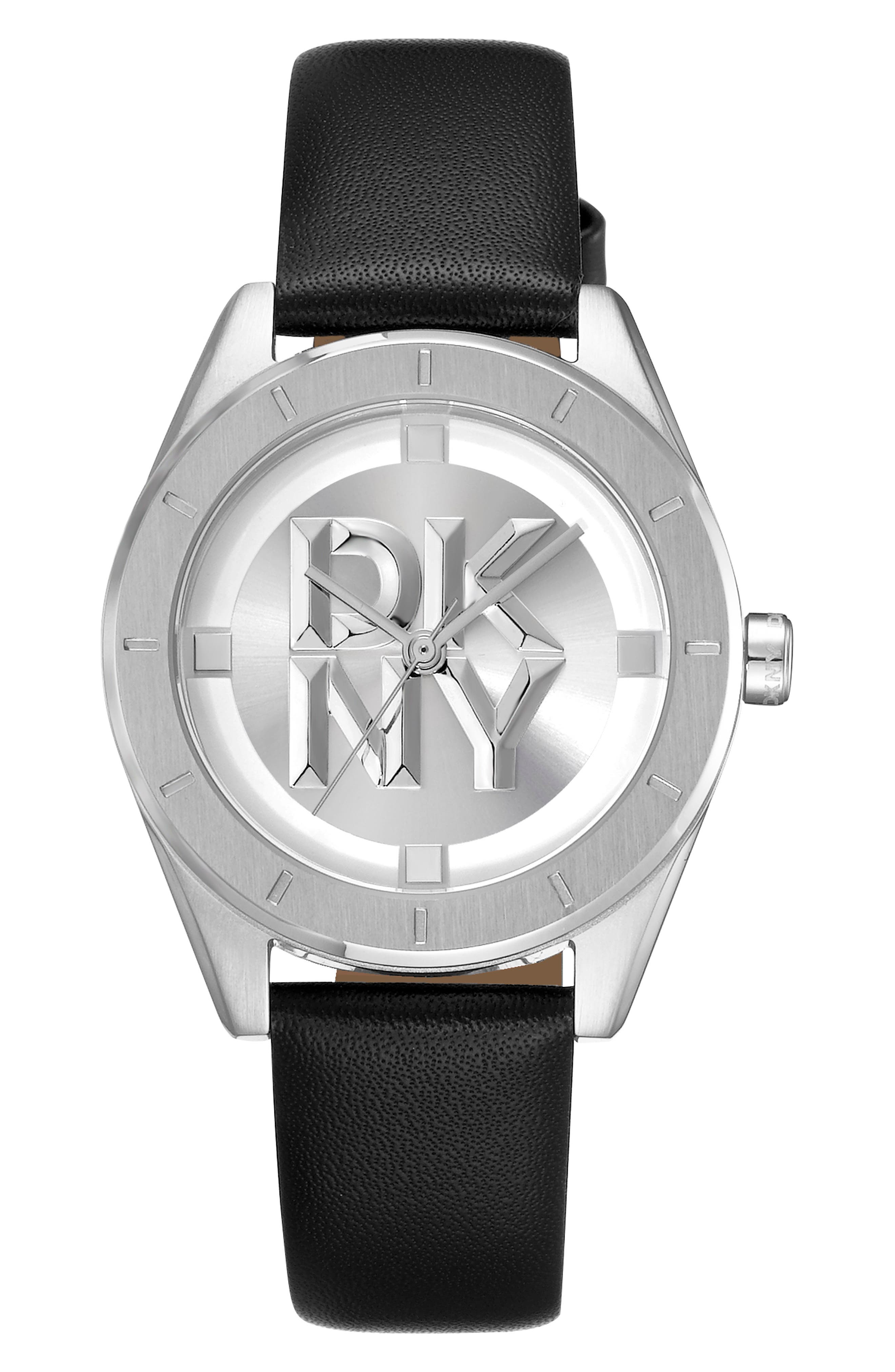 Three Hand Quartz Leather Strap Watch, 34mm