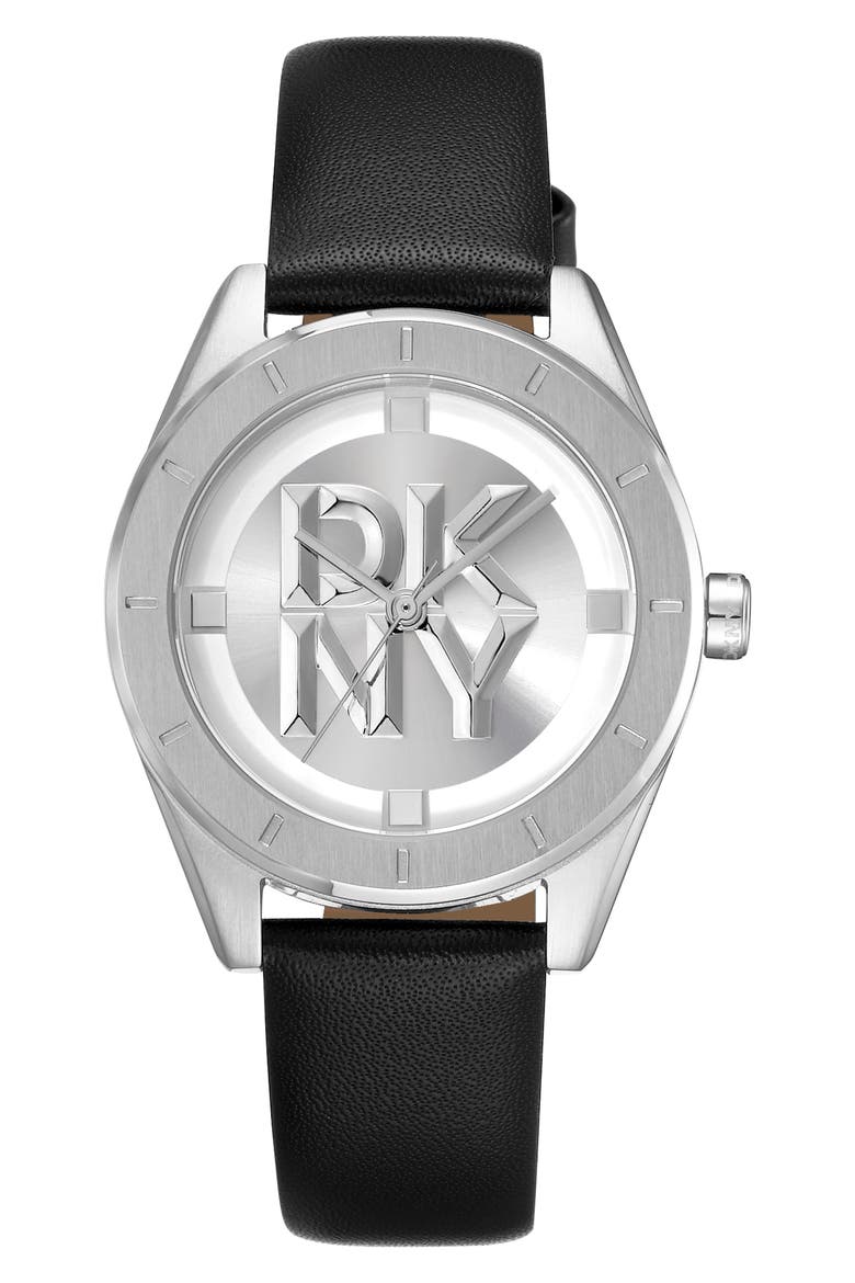 Three Hand Quartz Leather Strap Watch, 34mm, Main, color, BLACK