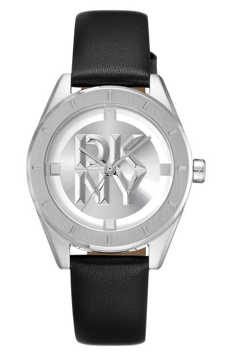 Three Hand Quartz Leather Strap Watch, 34mm