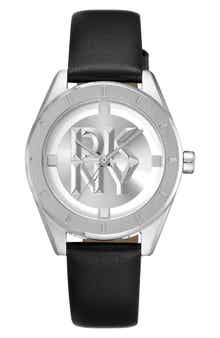Three Hand Quartz Leather Strap Watch, 34mm
