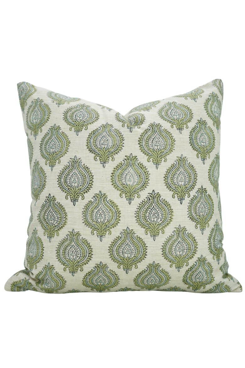 Uday Hand Block Printed Linen Blend Pillow Cover, Main, color, Green