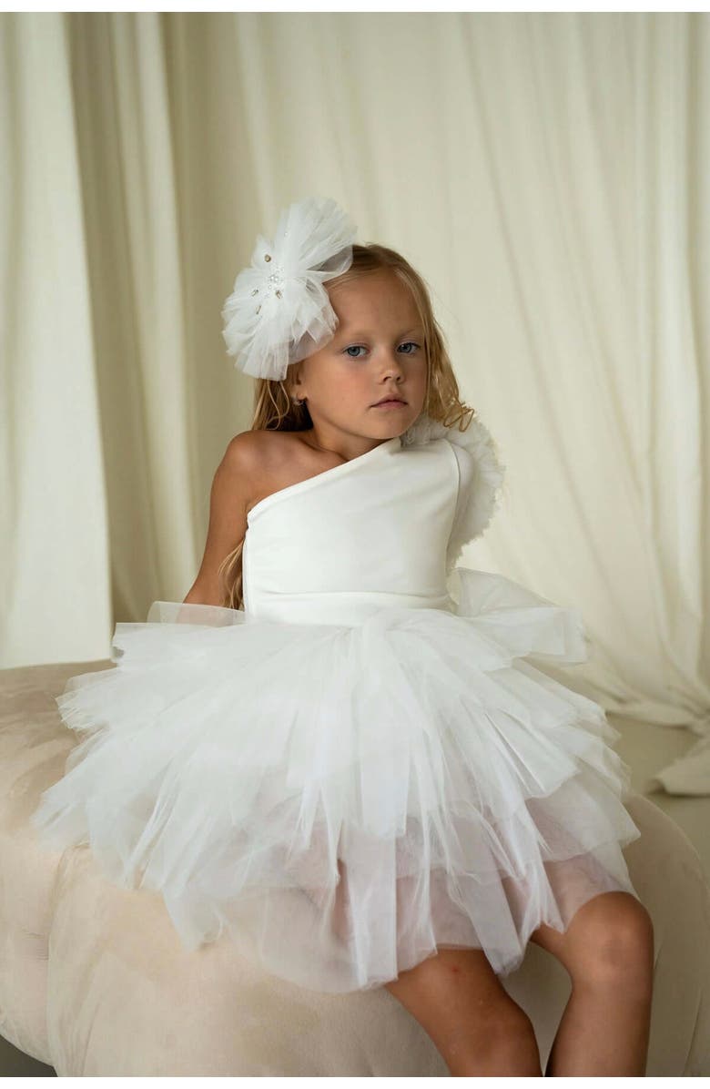 Mini Celebrities Bella One Shoulder Long Sleeve Ruffle Tutu Dress, Alternate, color, White Lily
