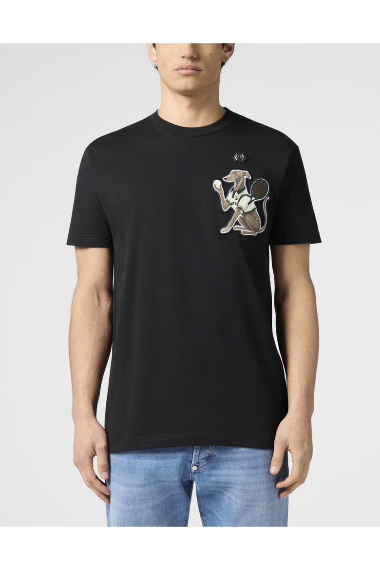 Round Neck T-Shirt Tennis Pet Patch Men, Main, color, black