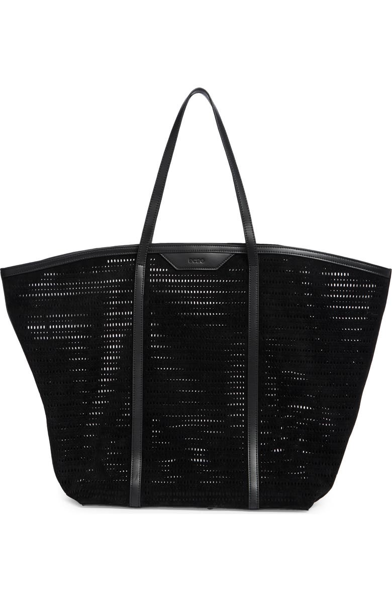BCBG Flared Perforated Faux Leather Tote, Main, color, Black