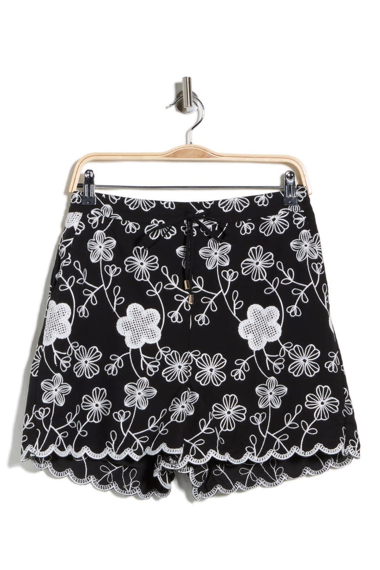 Floral Embroidery Shorts, Alternate, color, BLACK MARSHMALLOW LEAF