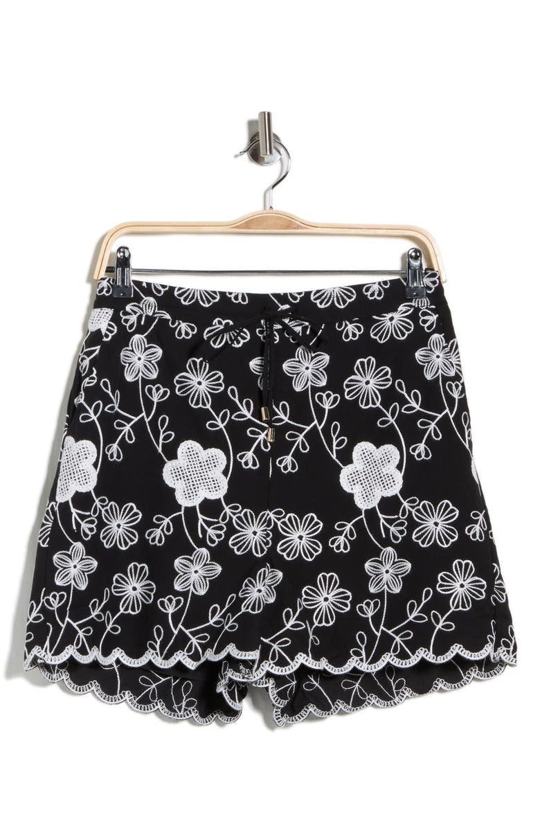 Ellen Tracy Floral Embroidery Shorts, Alternate, color, Black Marshmallow Leaf