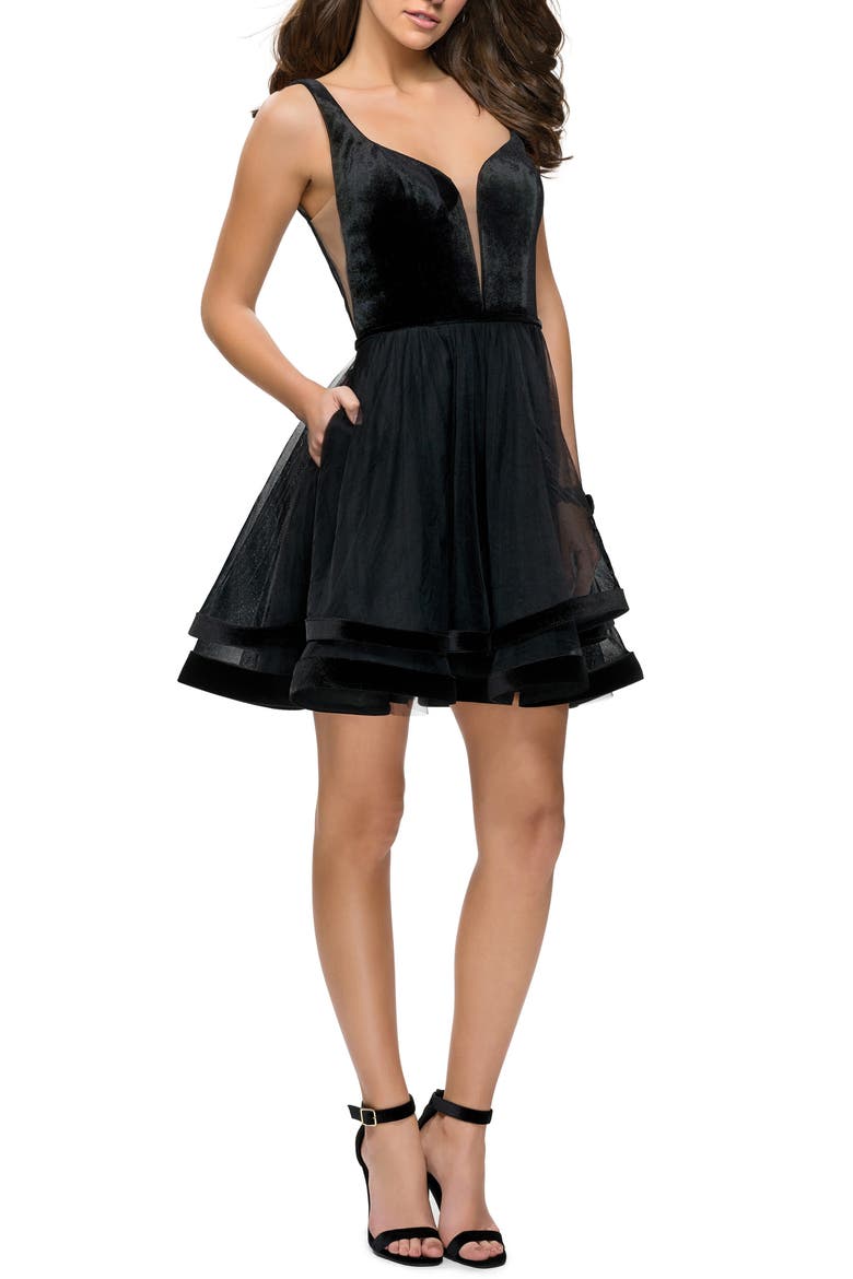 Velvet & Tulle Cocktail Dress, Main, color, BLACK