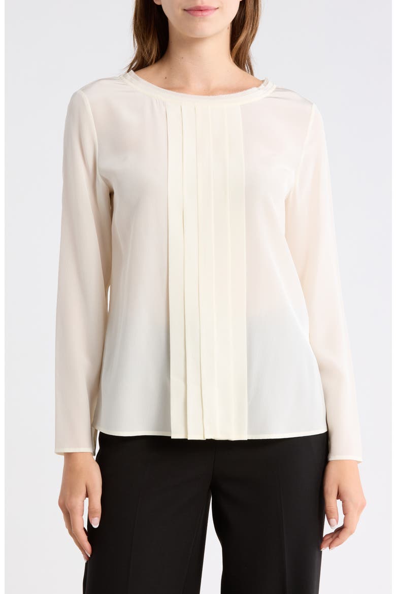 Bemiu Pleated Long Sleeve Silk Top, Main, color, OPEN WHITE