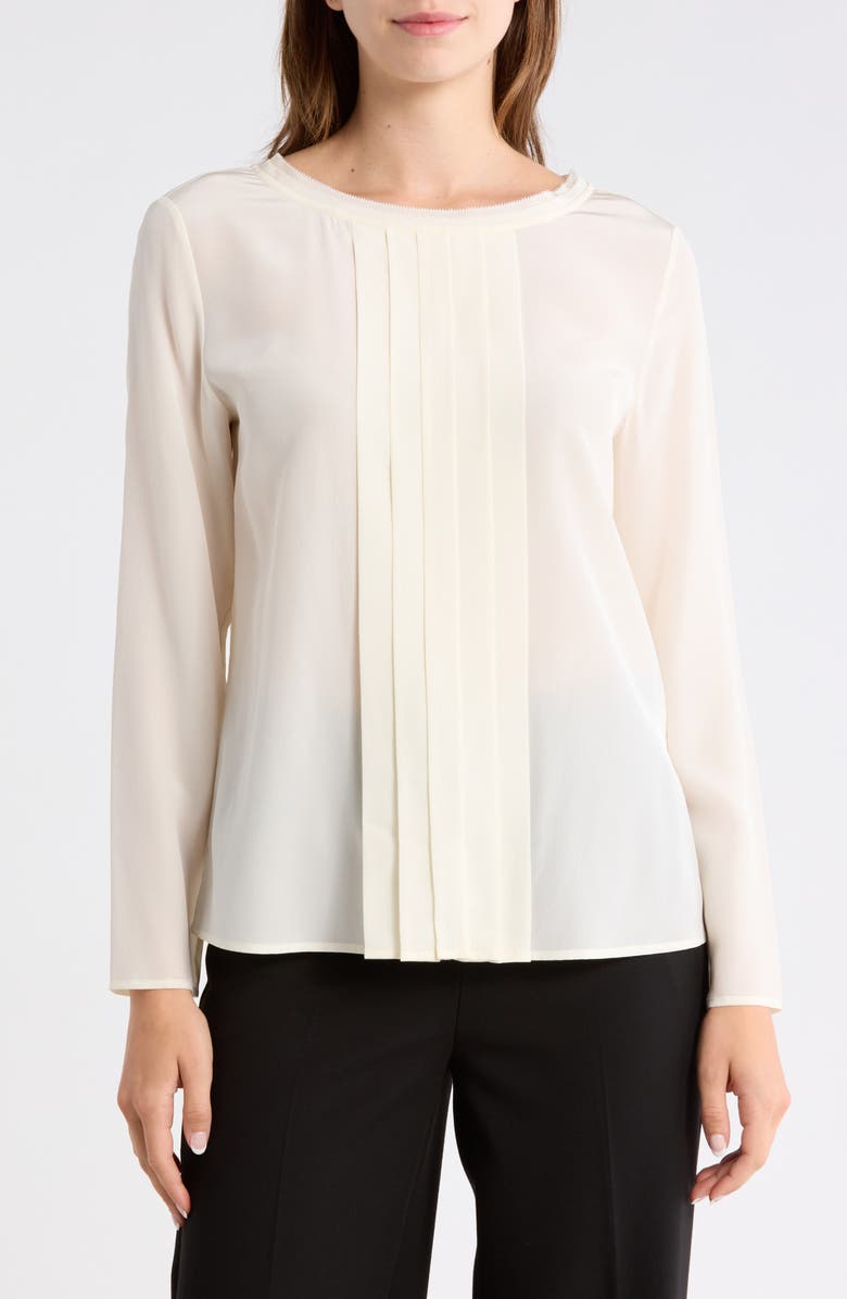 BOSS Bemiu Pleated Long Sleeve Silk Top, Main, color, Open White