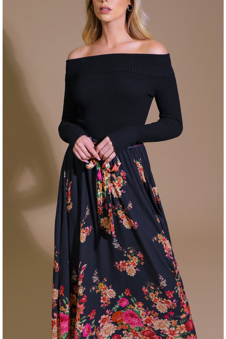 Floral Mix Off the Shoulder Midi Dress, Alternate, color, BLACK