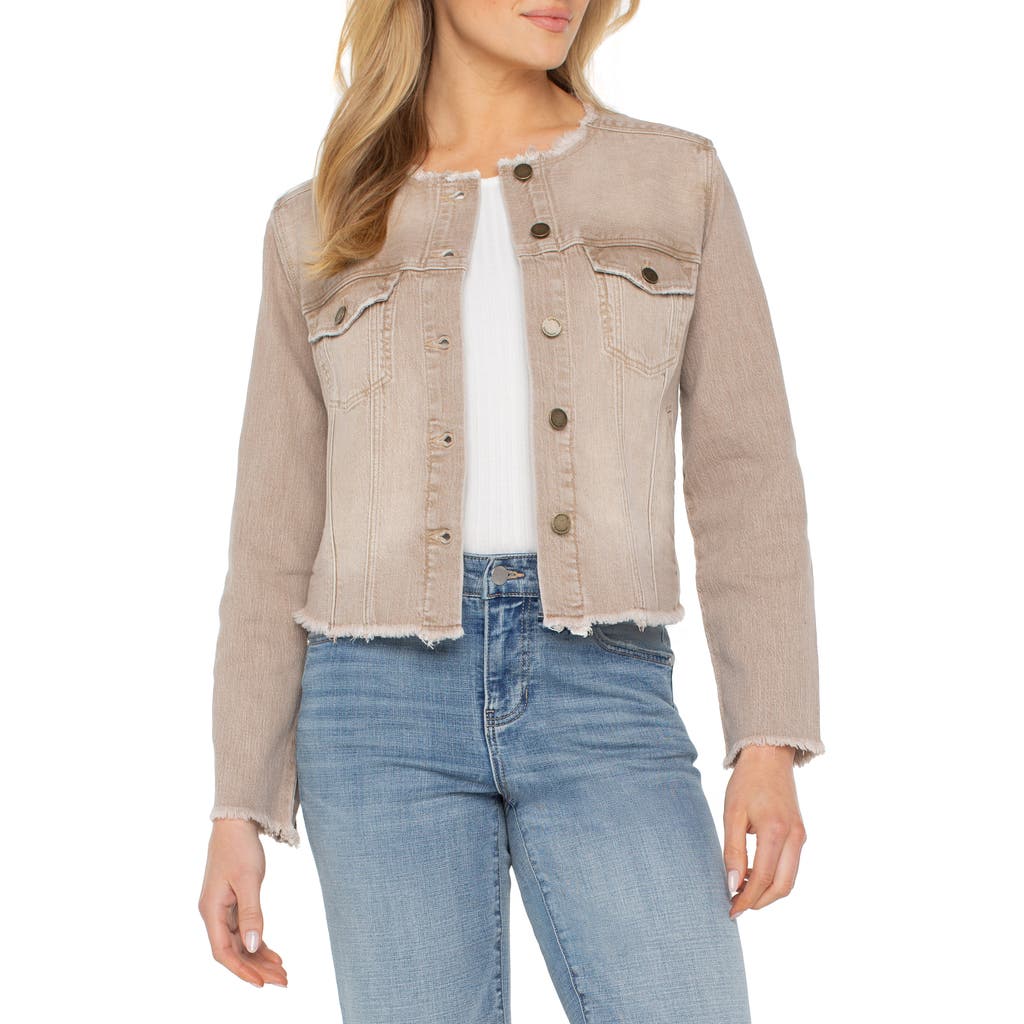 Liverpool Los Angeles Frayed Collarless Denim Jacket In Brown