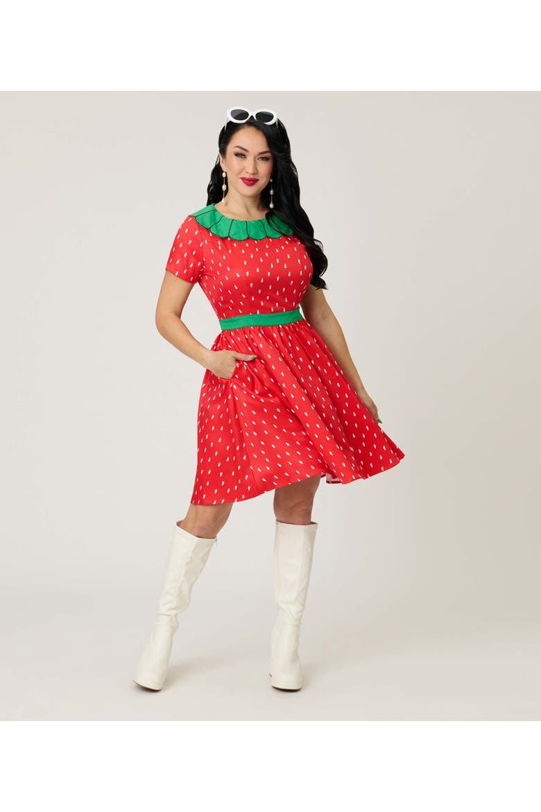 Petal Collar Flare Dress, Alternate, color, Red & Green