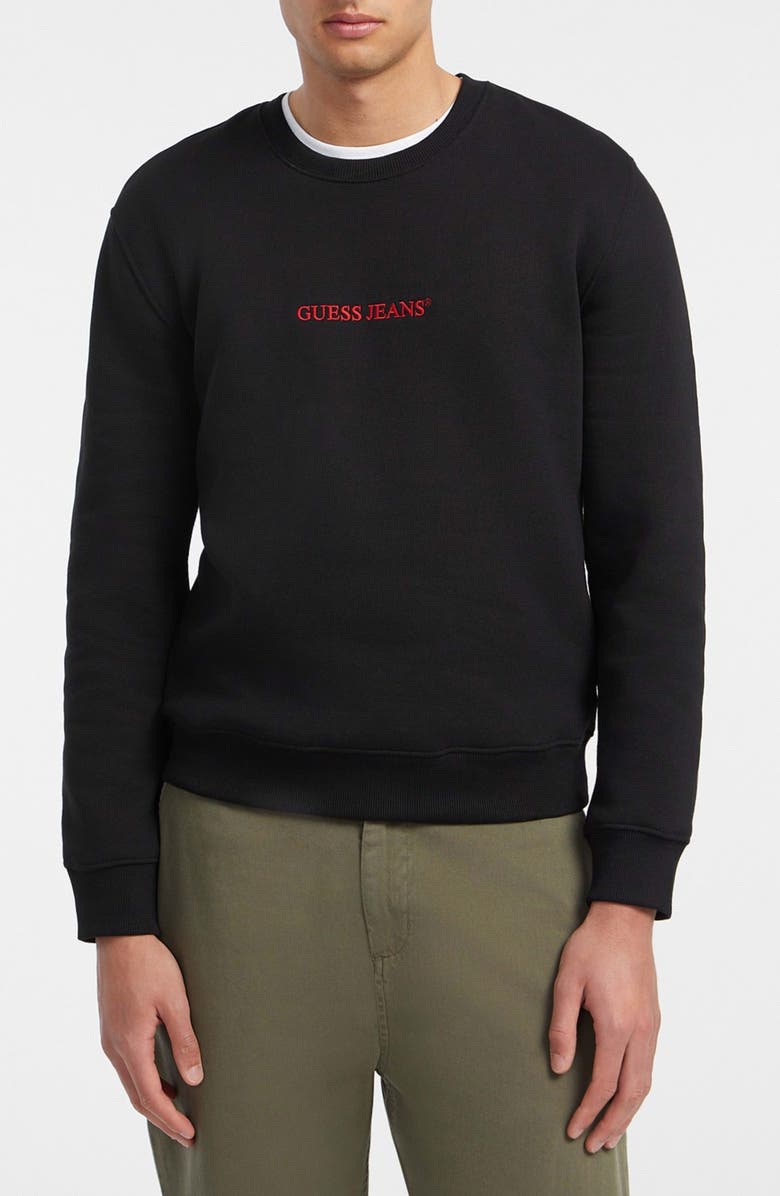 GUESS JEANS Logo Embroidered Crewneck Sweatshirt, Main, color, Jblack-Black