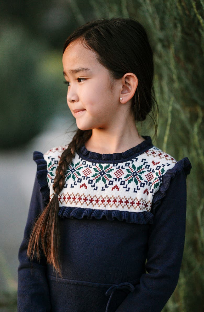 Hope & Henry Kids' Organic Ruffle Collar Fair Isle Yoke Sweater Dress, Alternate, color, Scottish Snowflake