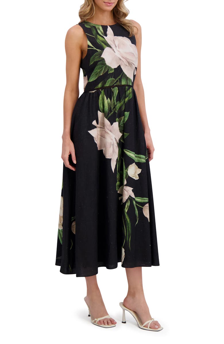 Ted Baker Floral Sleeveless Linen Fit & Flare Dress, Main, color, Rich Black