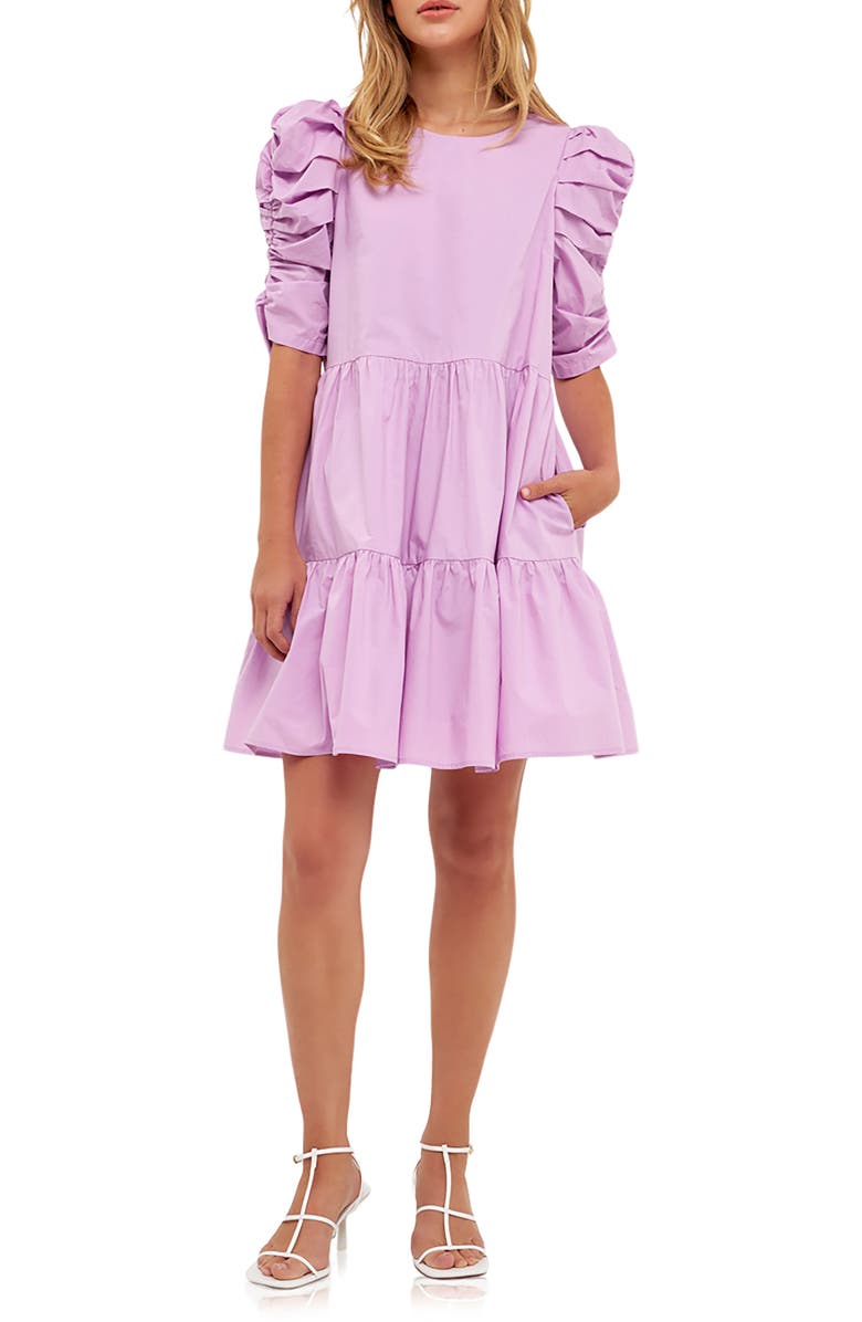 English Factory Pleated Puff Sleeve Tiered Cotton Minidress, Main, color, Lilac