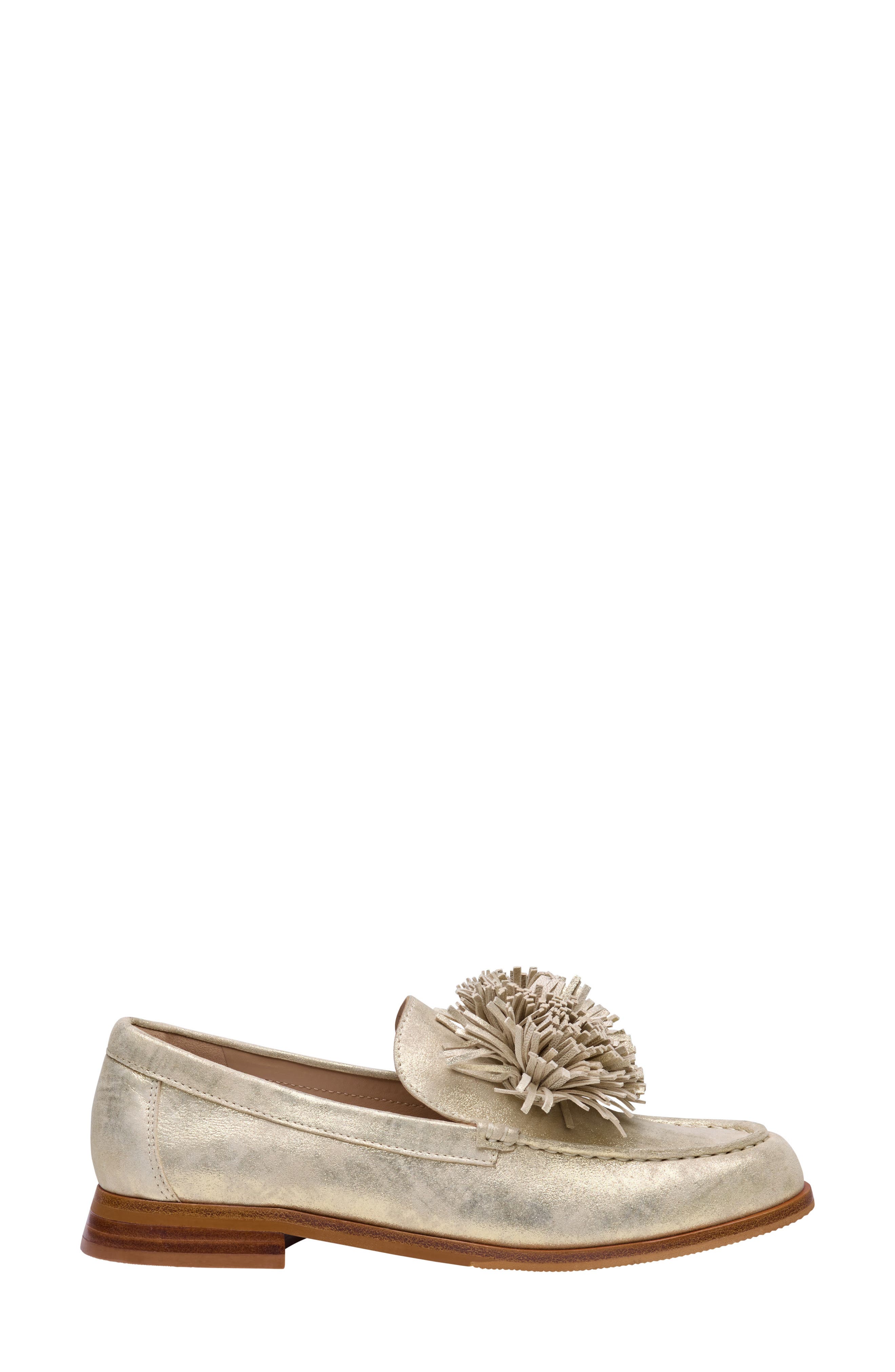Gillian Pom Pom Loafer, Alternate, color, GOLD METALLIC KID SUEDE