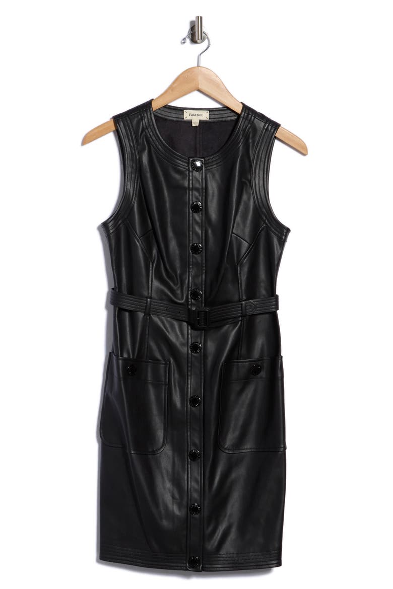 Ronin Belted Sleeveless Faux Leather Minidress, Main, color, BLACK
