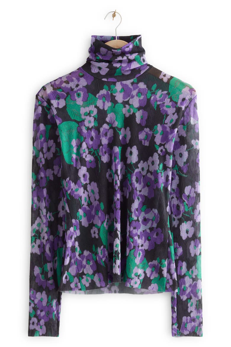 Aina Floral Plissé Turtleneck, Alternate, color, PURPLE FLOWER AOP