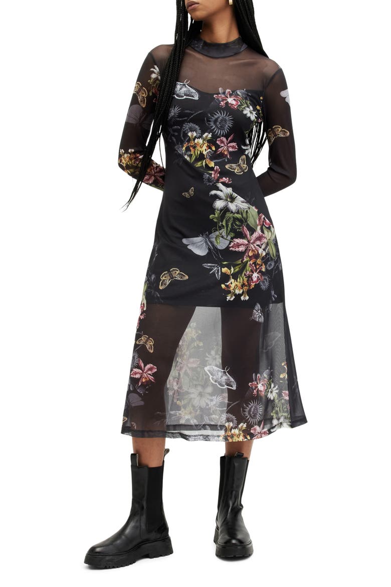 Hanna Sanibel Floral Print Long Sleeve Mesh Maxi Dress, Main, color, BLACK