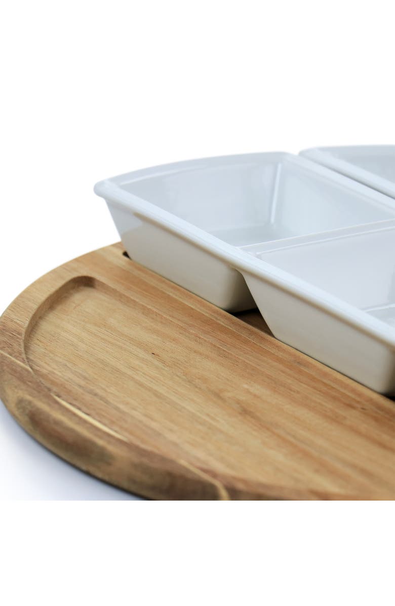 Gibson Elite Gracious Dining 4 Piece Fine Ceramic Sectional Tray Set with Acacia Wood Base, Alternate, color, White