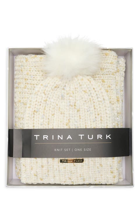 x Trina Turk Pompom Beanie & Scarf Set