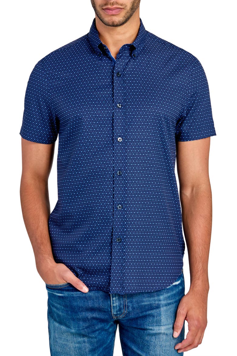 Slim Fit Microdot Short Sleeve 4-Way Stretch Performance Button-Down Shirt, Main, color, NAVY
