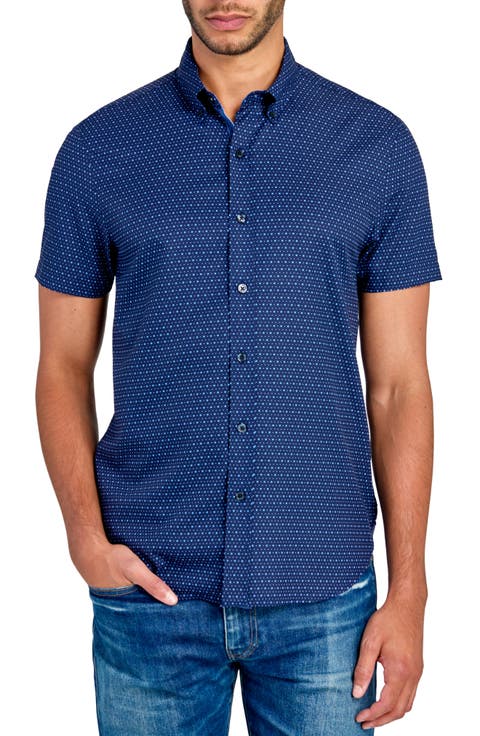Slim Fit Microdot Short Sleeve 4-Way Stretch Performance Button-Down Shirt