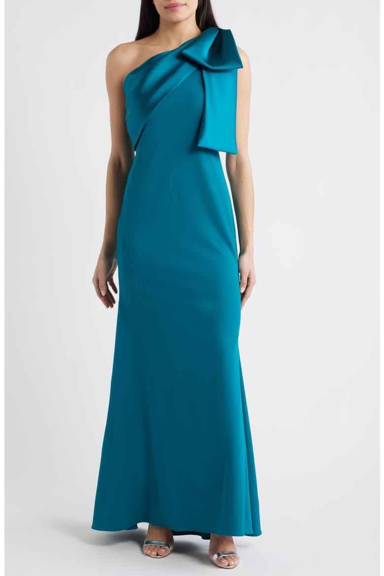 Bow One-Shoulder Crepe Mermaid Gown, Main, color, TEAL