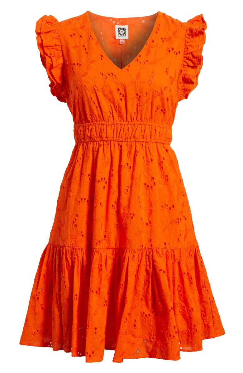 Anne Klein Embroidered Eyelet Cotton Ruffle Dress, Alternate, color, Bright Orange