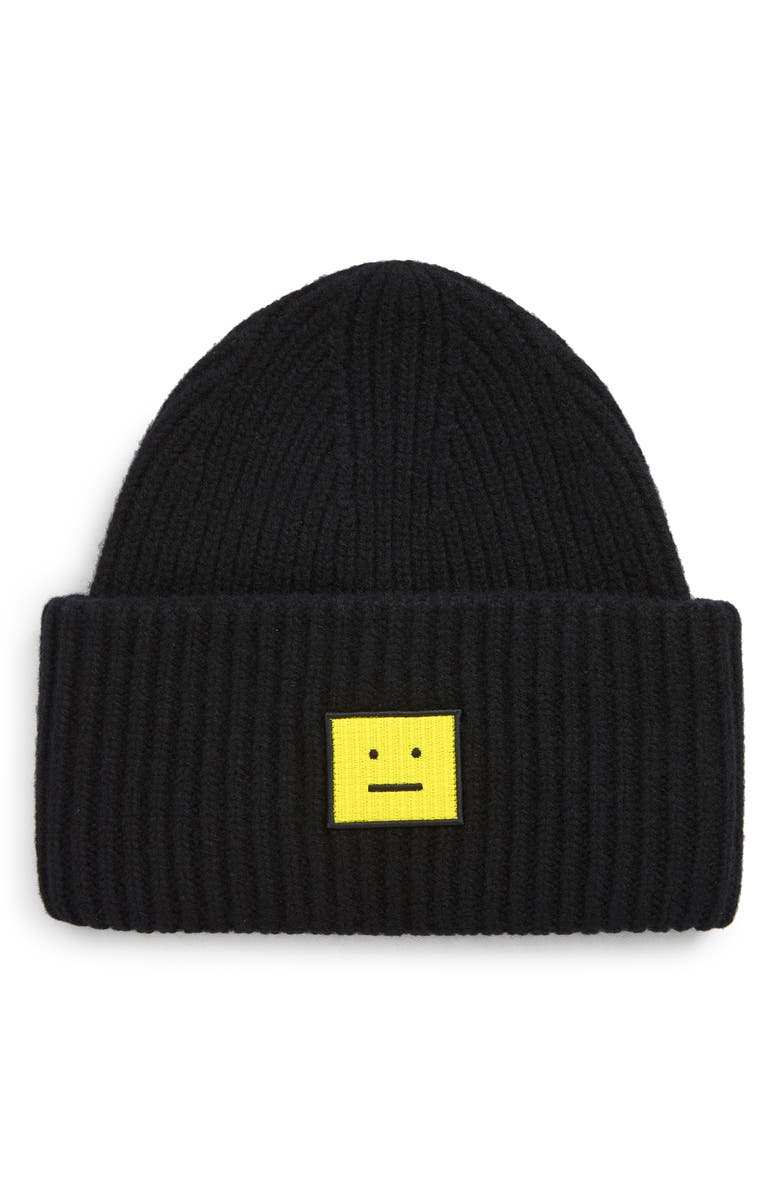 Acne Studios Pansy Face Patch Rib Wool Beanie, Main, color, 