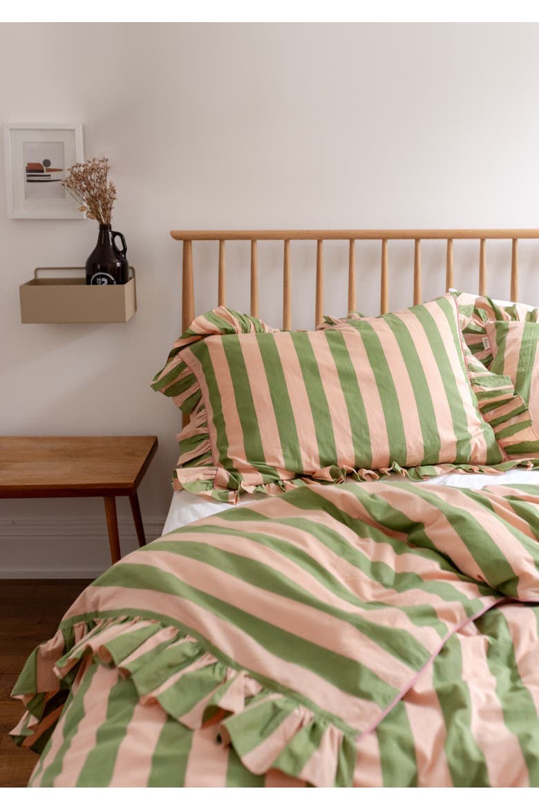 Cotton Ruffle Bedding Set, Alternate, color, Green Stripe