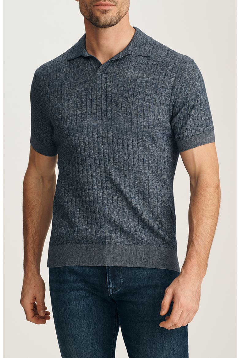Mélange Johnny Collar Short Sleeve Cotton Sweater, Main, color, INDIGO