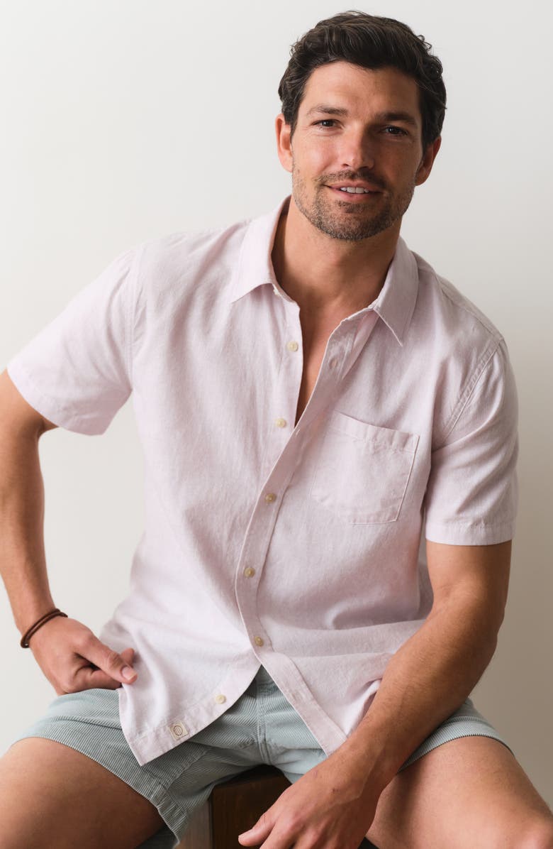 Marine Layer Better-than-Linen Hemp Blend Short Sleeve Button-Up Shirt, Alternate, color, Lavender Mist Stripe